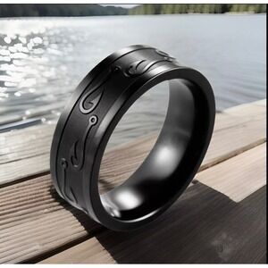Black Tungsten Carved Hooks Fisherman's Brushed Finish-8mm Width Ring-Size 9-New